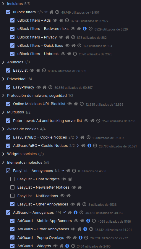 My uBlock enabled filter lists